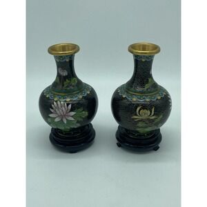 Vintage‎ Chinese Cloisonné Pair of Black Vases Enamel/Brass With Wood Stands EUC
